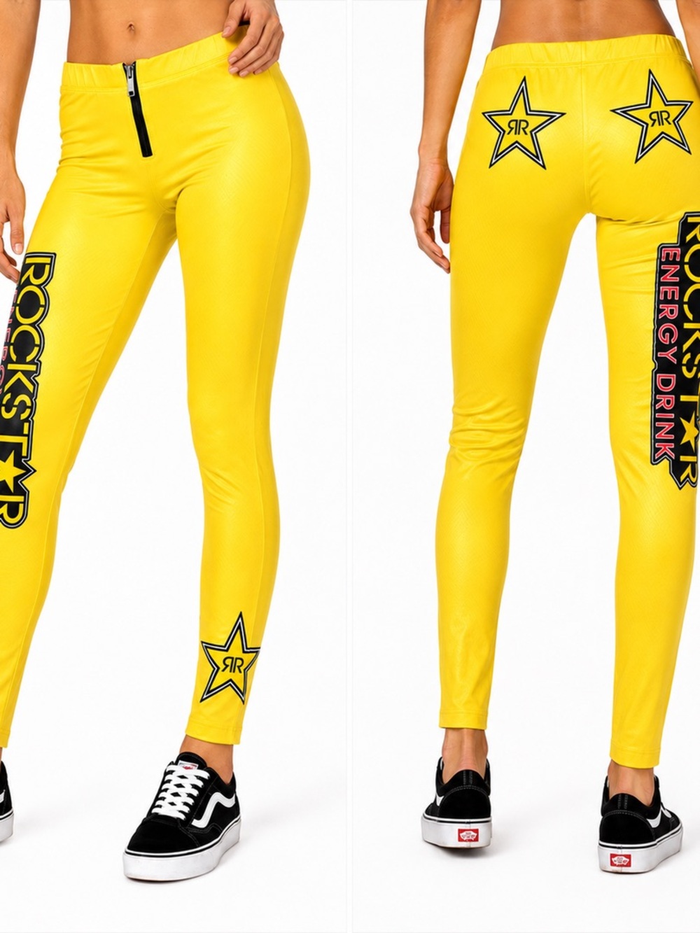 Rockstar Energy Drink Promotional Yellow Graphic Leggings Y2K Skinny Fit Size S